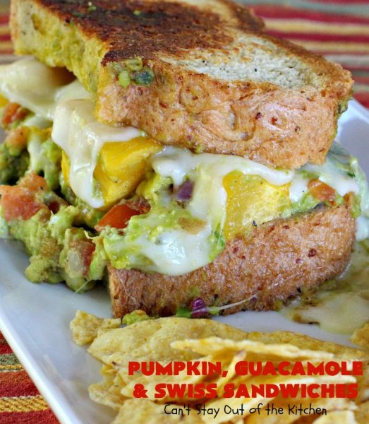 Pumpkin, Guacamole and Swiss Sandwiches | Can't Stay Out of the Kitchen | these yummy #sandwiches are made with either roasted #pumpkin or #ButternutSquash, homemade #guacamole & #SwissCheese. They are absolutely mouthwatering & so delicious you'll find yourself wanting one all the time! #Fall #RoastedPumpkin #PumpkinGuacamoleAndSwissSandwiches #MeatlessMonday