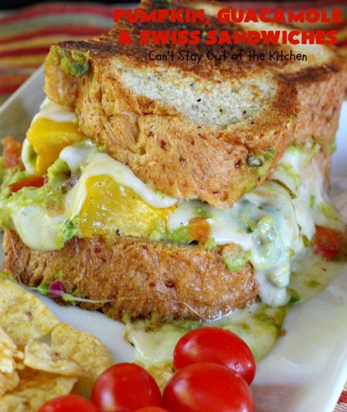 Pumpkin, Guacamole and Swiss Sandwiches | Can't Stay Out of the Kitchen | these yummy #sandwiches are made with either roasted #pumpkin or #ButternutSquash, homemade #guacamole & #SwissCheese. They are absolutely mouthwatering & so delicious you'll find yourself wanting one all the time! #Fall #RoastedPumpkin #PumpkinGuacamoleAndSwissSandwiches #MeatlessMonday