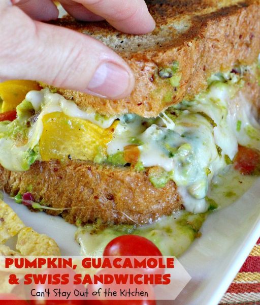 Pumpkin, Guacamole and Swiss Sandwiches | Can't Stay Out of the Kitchen | these yummy #sandwiches are made with either roasted #pumpkin or #ButternutSquash, homemade #guacamole & #SwissCheese. They are absolutely mouthwatering & so delicious you'll find yourself wanting one all the time! #Fall #RoastedPumpkin #PumpkinGuacamoleAndSwissSandwiches #MeatlessMonday