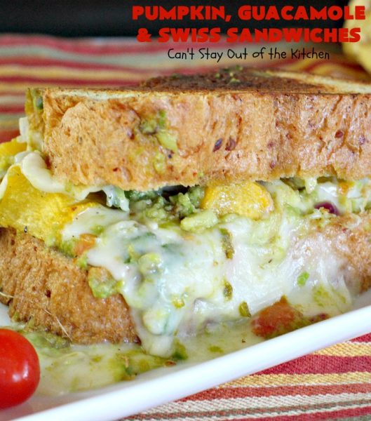 Pumpkin, Guacamole and Swiss Sandwiches | Can't Stay Out of the Kitchen | these yummy #sandwiches are made with either roasted #pumpkin or #ButternutSquash, homemade #guacamole & #SwissCheese. They are absolutely mouthwatering & so delicious you'll find yourself wanting one all the time! #Fall #RoastedPumpkin #PumpkinGuacamoleAndSwissSandwiches #MeatlessMonday