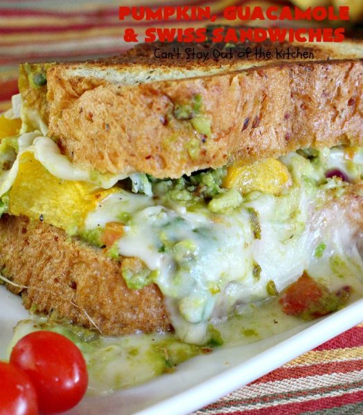 Pumpkin, Guacamole and Swiss Sandwiches | Can't Stay Out of the Kitchen | these yummy #sandwiches are made with either roasted #pumpkin or #ButternutSquash, homemade #guacamole & #SwissCheese. They are absolutely mouthwatering & so delicious you'll find yourself wanting one all the time! #Fall #RoastedPumpkin #PumpkinGuacamoleAndSwissSandwiches #MeatlessMonday