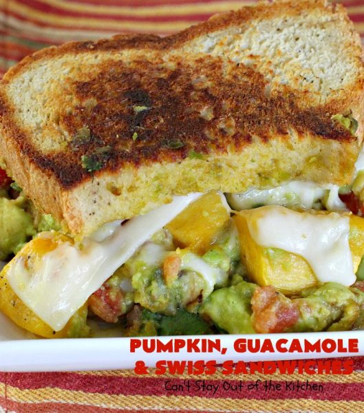 Pumpkin, Guacamole and Swiss Sandwiches | Can't Stay Out of the Kitchen | these yummy #sandwiches are made with either roasted #pumpkin or #ButternutSquash, homemade #guacamole & #SwissCheese. They are absolutely mouthwatering & so delicious you'll find yourself wanting one all the time! #Fall #RoastedPumpkin #PumpkinGuacamoleAndSwissSandwiches #MeatlessMonday