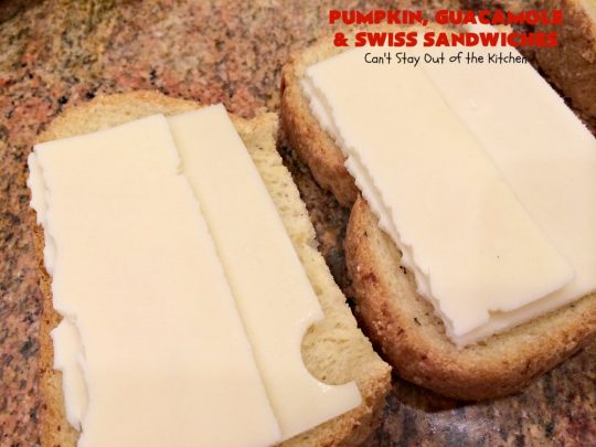 Pumpkin, Guacamole and Swiss Sandwiches | Can't Stay Out of the Kitchen | these yummy #sandwiches are made with either roasted #pumpkin or #ButternutSquash, homemade #guacamole & #SwissCheese. They are absolutely mouthwatering & so delicious you'll find yourself wanting one all the time! #Fall #RoastedPumpkin #PumpkinGuacamoleAndSwissSandwiches #MeatlessMonday