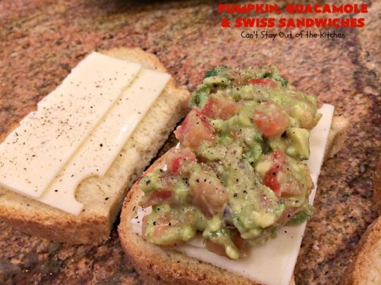 Pumpkin, Guacamole and Swiss Sandwiches | Can't Stay Out of the Kitchen | these yummy #sandwiches are made with either roasted #pumpkin or #ButternutSquash, homemade #guacamole & #SwissCheese. They are absolutely mouthwatering & so delicious you'll find yourself wanting one all the time! #Fall #RoastedPumpkin #PumpkinGuacamoleAndSwissSandwiches #MeatlessMonday