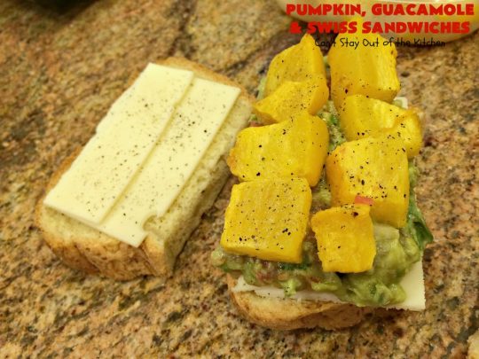 Pumpkin, Guacamole and Swiss Sandwiches | Can't Stay Out of the Kitchen | these yummy #sandwiches are made with either roasted #pumpkin or #ButternutSquash, homemade #guacamole & #SwissCheese. They are absolutely mouthwatering & so delicious you'll find yourself wanting one all the time! #Fall #RoastedPumpkin #PumpkinGuacamoleAndSwissSandwiches #MeatlessMonday