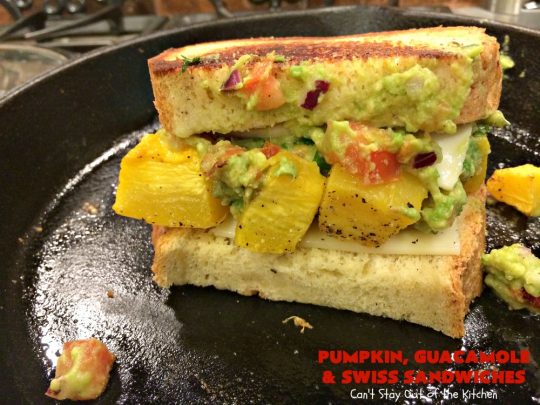 Pumpkin, Guacamole and Swiss Sandwiches | Can't Stay Out of the Kitchen | these yummy #sandwiches are made with either roasted #pumpkin or #ButternutSquash, homemade #guacamole & #SwissCheese. They are absolutely mouthwatering & so delicious you'll find yourself wanting one all the time! #Fall #RoastedPumpkin #PumpkinGuacamoleAndSwissSandwiches #MeatlessMonday