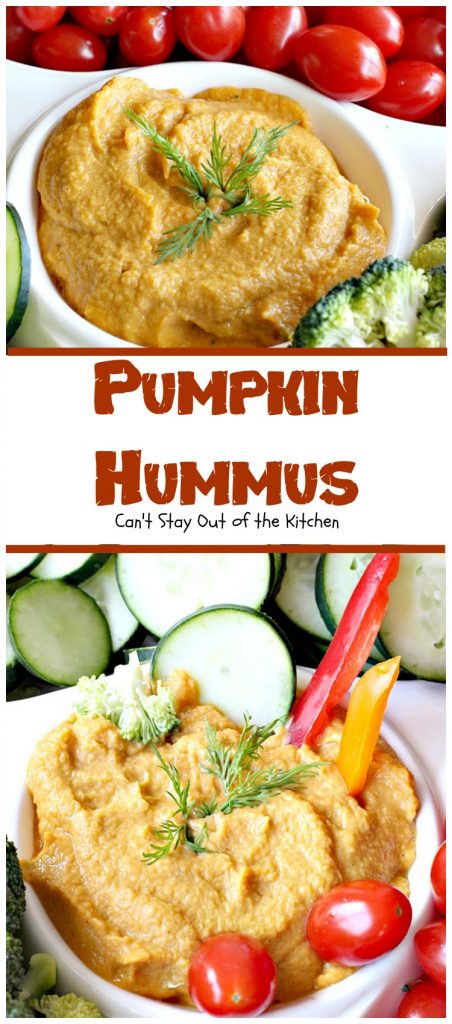 Pumpkin Hummus | Can't Stay Out of the Kitchen | this amazing #appetizer is perfect for #tailgating parties or the #SuperBowl! #Pumpkin is fabulous in #hummus.
