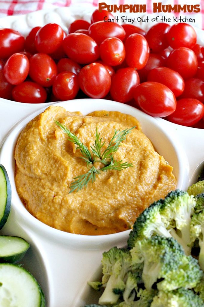 Pumpkin Hummus | Can't Stay Out of the Kitchen | this amazing #appetizer is perfect for #tailgating parties or the #SuperBowl! #Pumpkin is fabulous in #hummus.
