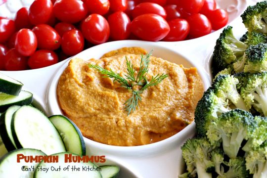 Pumpkin Hummus | Can't Stay Out of the Kitchen | this amazing #appetizer is perfect for #tailgating parties or the #SuperBowl! #Pumpkin is fabulous in #hummus.