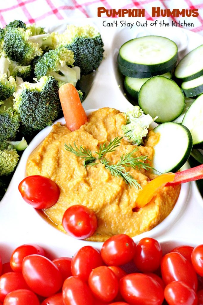 Pumpkin Hummus | Can't Stay Out of the Kitchen | this amazing #appetizer is perfect for #tailgating parties or the #SuperBowl! #Pumpkin is fabulous in #hummus.