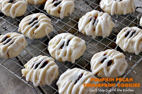 Pumpkin Pecan Thumbprint Cookies | Can't Stay Out of the Kitchen | these delectable #cookies use a #pumpkin #pecan butter then they're glazed with a vanilla icing. They're wonderful for #holiday or #Christmas parties or #ChristmasCookieExchanges. #ChristmasCookie #WilliamsSonoma #PecanPumpkinButter #MuirheadPecanPumpkinButter #cookies #ThumbprintCookies #dessert #Fall #FallBaking #HolidayDessert #ChristmasDessert