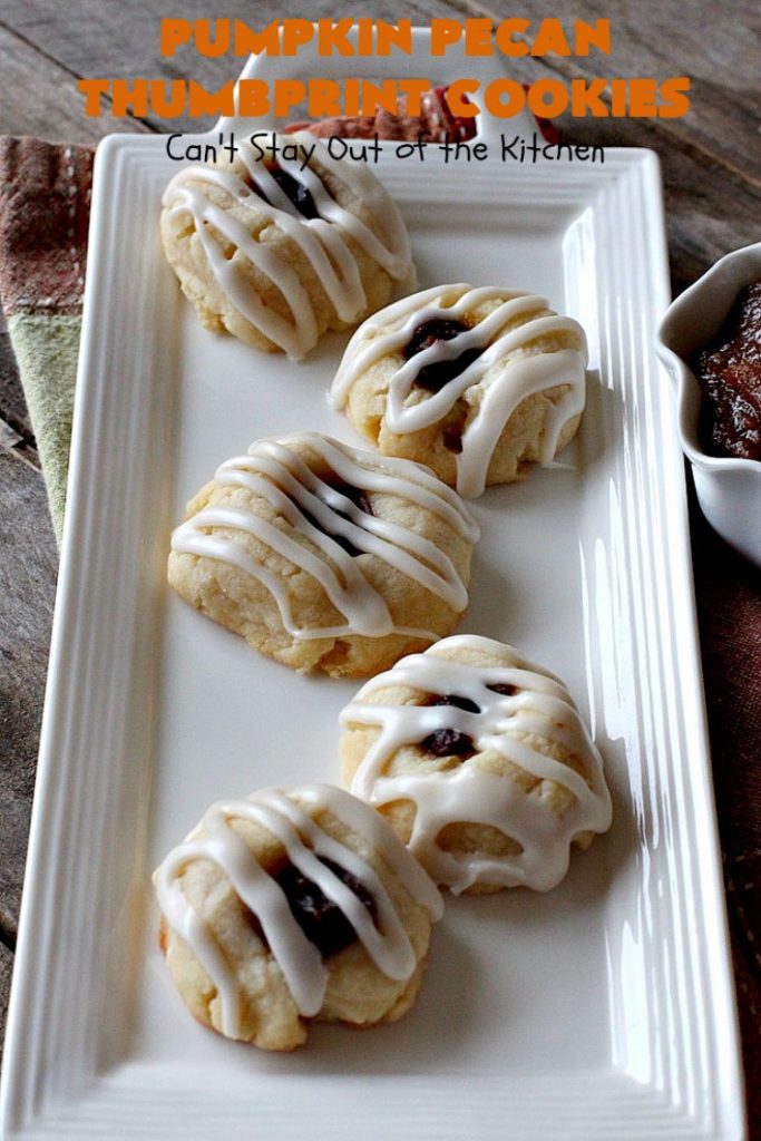 Pumpkin Pecan Thumbprint Cookies | Can't Stay Out of the Kitchen | these delectable #cookies use a #pumpkin #pecan butter then they're glazed with a vanilla icing. They're wonderful for #holiday or #Christmas parties or #ChristmasCookieExchanges. #ChristmasCookie #WilliamsSonoma #PecanPumpkinButter #MuirheadPecanPumpkinButter #cookies #ThumbprintCookies #dessert #Fall #FallBaking #HolidayDessert #ChristmasDessert