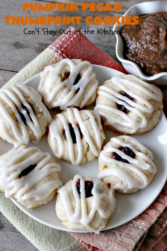 Pumpkin Pecan Thumbprint Cookies | Can't Stay Out of the Kitchen | these delectable #cookies use a #pumpkin #pecan butter then they're glazed with a vanilla icing. They're wonderful for #holiday or #Christmas parties or #ChristmasCookieExchanges. #ChristmasCookie #WilliamsSonoma #PecanPumpkinButter #MuirheadPecanPumpkinButter #cookies #ThumbprintCookies #dessert #Fall #FallBaking #HolidayDessert #ChristmasDessert