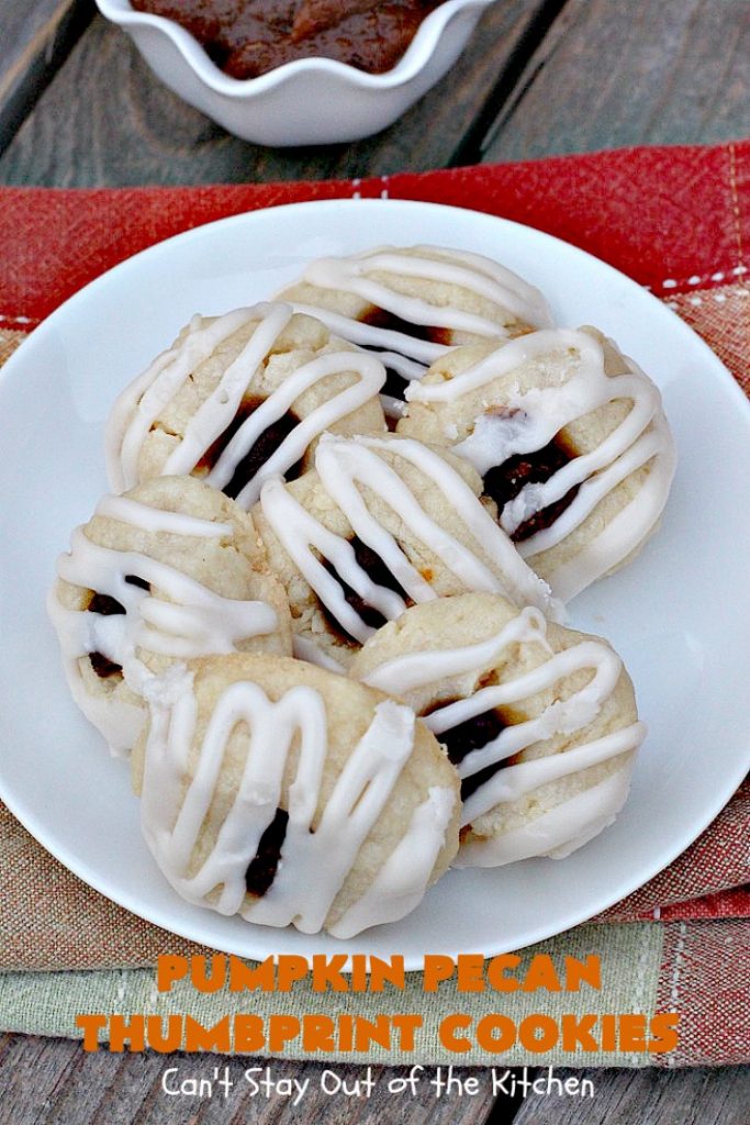 Pumpkin Pecan Thumbprint Cookies | Can't Stay Out of the Kitchen | these delectable #cookies use a #pumpkin #pecan butter then they're glazed with a vanilla icing. They're wonderful for #holiday or #Christmas parties or #ChristmasCookieExchanges. #ChristmasCookie #WilliamsSonoma #PecanPumpkinButter #MuirheadPecanPumpkinButter #cookies #ThumbprintCookies #dessert #Fall #FallBaking #HolidayDessert #ChristmasDessert