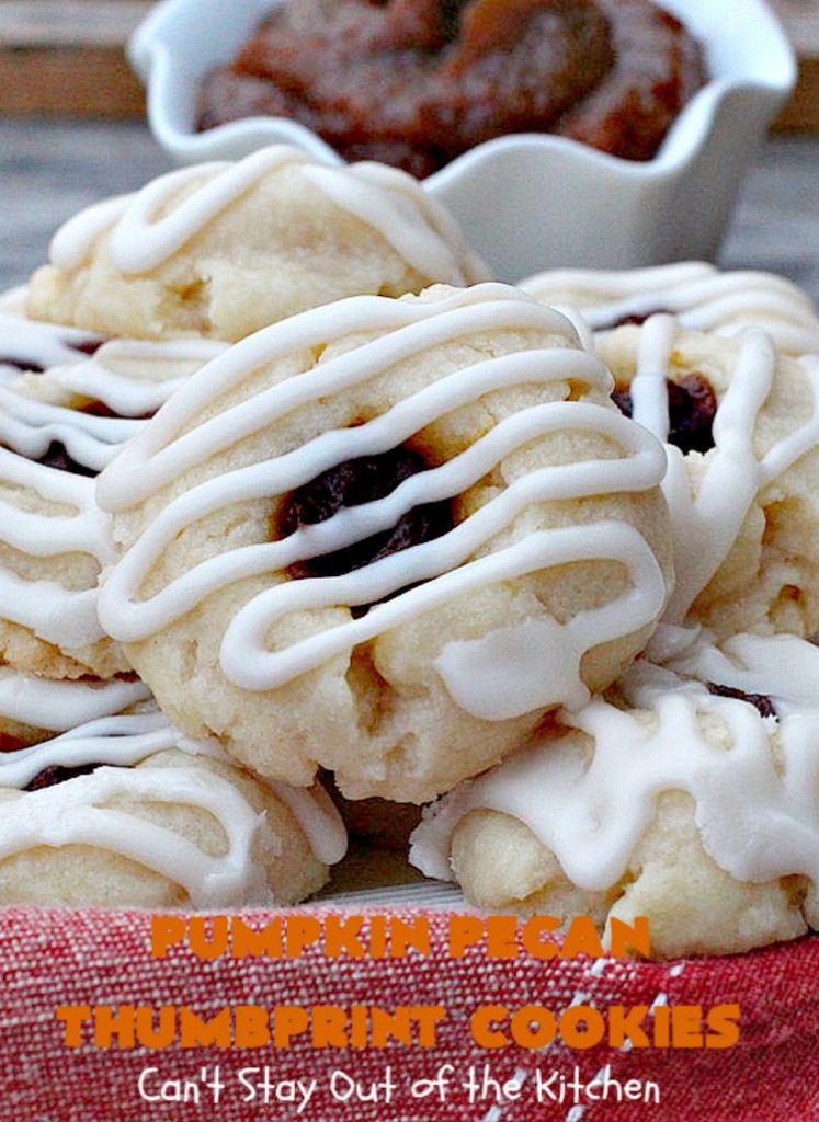 Pumpkin Pecan Thumbprint Cookies | Can't Stay Out of the Kitchen | these delectable #cookies use a #pumpkin #pecan butter then they're glazed with a vanilla icing. They're wonderful for #holiday or #Christmas parties or #ChristmasCookieExchanges. #ChristmasCookie #WilliamsSonoma #PecanPumpkinButter #MuirheadPecanPumpkinButter #cookies #ThumbprintCookies #dessert #Fall #FallBaking #HolidayDessert #ChristmasDessert