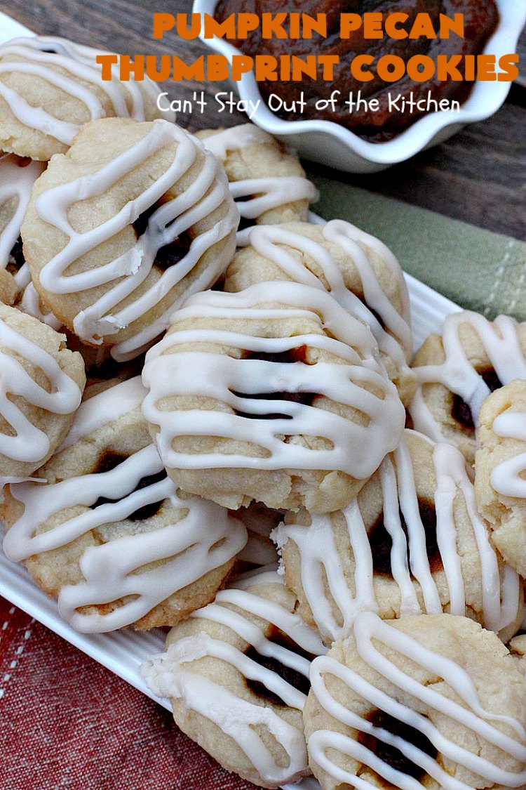Pumpkin Pecan Thumbprint Cookies | Can't Stay Out of the Kitchen | these delectable #cookies use a #pumpkin #pecan butter then they're glazed with a vanilla icing. They're wonderful for #holiday or #Christmas parties or #ChristmasCookieExchanges. #ChristmasCookie #WilliamsSonoma #PecanPumpkinButter #MuirheadPecanPumpkinButter #cookies #ThumbprintCookies #dessert #Fall #FallBaking #HolidayDessert #ChristmasDessert