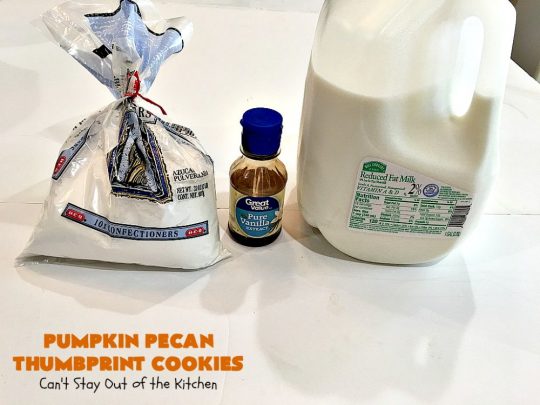Pumpkin Pecan Thumbprint Cookies | Can't Stay Out of the Kitchen | these delectable #cookies use a #pumpkin #pecan butter then they're glazed with a vanilla icing. They're wonderful for #holiday or #Christmas parties or #ChristmasCookieExchanges. #ChristmasCookie #WilliamsSonoma #PecanPumpkinButter #MuirheadPecanPumpkinButter #cookies #ThumbprintCookies #dessert #Fall #FallBaking #HolidayDessert #ChristmasDessert