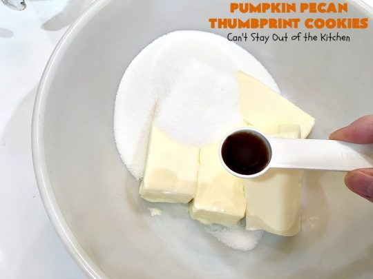 Pumpkin Pecan Thumbprint Cookies | Can't Stay Out of the Kitchen | these delectable #cookies use a #pumpkin #pecan butter then they're glazed with a vanilla icing. They're wonderful for #holiday or #Christmas parties or #ChristmasCookieExchanges. #ChristmasCookie #WilliamsSonoma #PecanPumpkinButter #MuirheadPecanPumpkinButter #cookies #ThumbprintCookies #dessert #Fall #FallBaking #HolidayDessert #ChristmasDessert