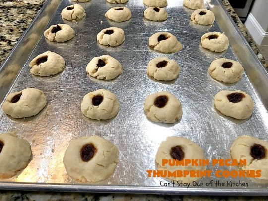 Pumpkin Pecan Thumbprint Cookies | Can't Stay Out of the Kitchen | these delectable #cookies use a #pumpkin #pecan butter then they're glazed with a vanilla icing. They're wonderful for #holiday or #Christmas parties or #ChristmasCookieExchanges. #ChristmasCookie #WilliamsSonoma #PecanPumpkinButter #MuirheadPecanPumpkinButter #cookies #ThumbprintCookies #dessert #Fall #FallBaking #HolidayDessert #ChristmasDessert