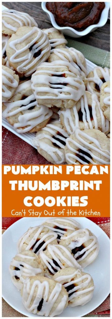 Pumpkin Pecan Thumbprint Cookies | Can't Stay Out of the Kitchen | these delectable #cookies use a #pumpkin #pecan butter then they're glazed with a vanilla icing. They're wonderful for #holiday or #Christmas parties or #ChristmasCookieExchanges. #ChristmasCookie #WilliamsSonoma #PecanPumpkinButter #MuirheadPecanPumpkinButter #cookies #ThumbprintCookies #dessert #Fall #FallBaking #HolidayDessert #ChristmasDessert