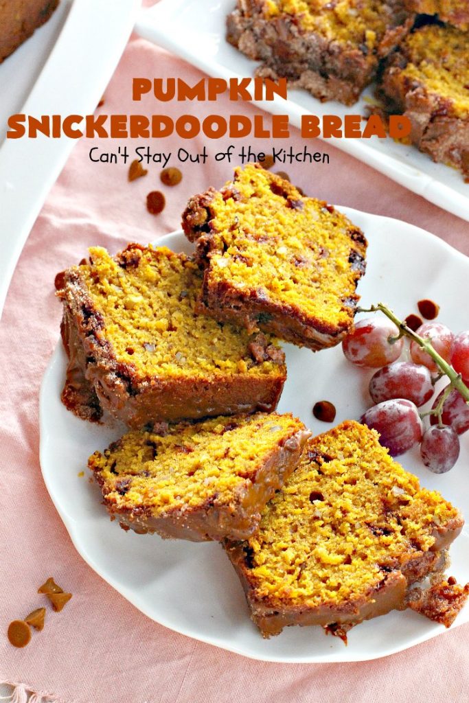 Pumpkin Snickerdoodle Bread | Can't Stay Out of the Kitchen | this is the best #pumpkin #bread ever! It's loaded with #cinnamon chips & cinnamon icing. It's a great twist on #snickerdoodle cookies or bread.