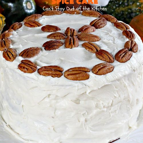 Pumpkin Spice Cake | Can't Stay Out of the Kitchen | this awesome #cake is filled with #pumpkin, spices & #pecans & topped with a heavenly #creamcheese frosting. #dessert