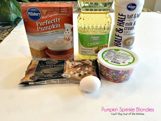 Pumpkin Sprinkle Blondies | Can't Stay Out of the Kitchen | These amazing blondies are so easy because they're made with a #pumpkin cake mix! Sprinkles & #whitechocolatechips make them fantastic. #dessert #chocolate #cookie