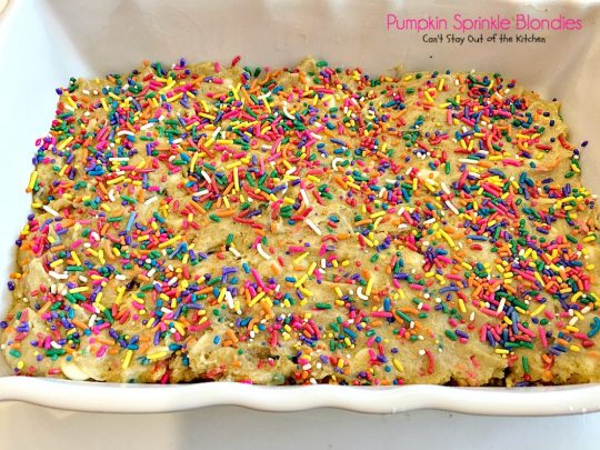 Pumpkin Sprinkle Blondies | Can't Stay Out of the Kitchen | These amazing blondies are so easy because they're made with a #pumpkin cake mix! Sprinkles & #whitechocolatechips make them fantastic. #dessert #chocolate #cookie
