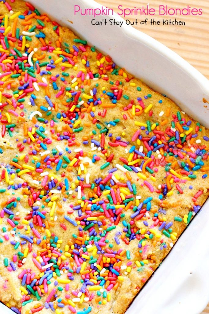 Pumpkin Sprinkle Blondies | Can't Stay Out of the Kitchen | These amazing blondies are so easy because they're made with a #pumpkin cake mix! Sprinkles & #whitechocolatechips make them fantastic. #dessert #chocolate #cookie