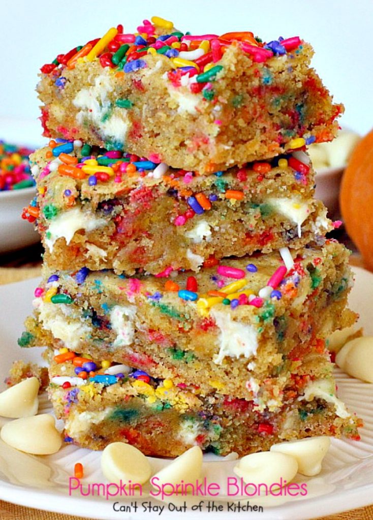 Pumpkin Sprinkle Blondies | Can't Stay Out of the Kitchen | These amazing blondies are so easy because they're made with a #pumpkin cake mix! Sprinkles & #whitechocolatechips make them fantastic. #dessert #chocolate #cookie