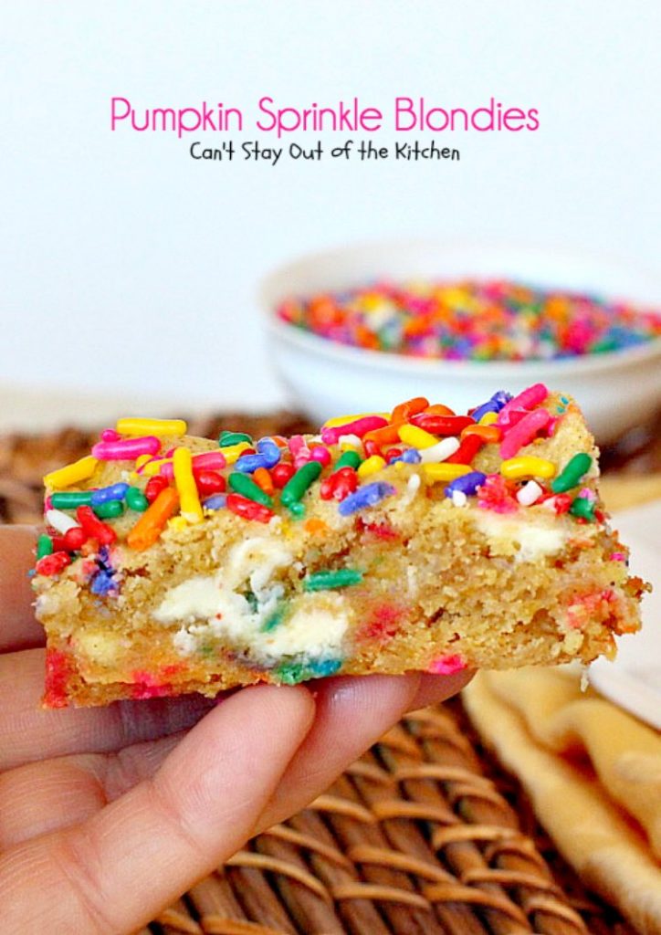 Pumpkin Sprinkle Blondies | Can't Stay Out of the Kitchen | These amazing blondies are so easy because they're made with a #pumpkin cake mix! Sprinkles & #whitechocolatechips make them fantastic. #dessert #chocolate #cookie