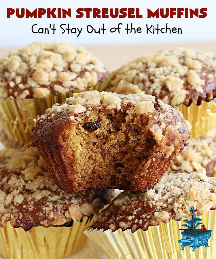Pumpkin Streusel Muffins | Can't Stay Out of the Kitchen | these hearty #muffins just burst with scrumptious #pumpkin flavor. The #StreuselTopping puts them over-the-top. #PumpkinMuffins don't have to be made only in the fall! Enjoy these delicious treats any time of the year for weekend, company or a #holiday #breakfast. #PumpkinStreuselMuffins