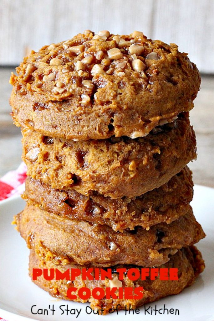 Pumpkin Toffee Cookies | Can't Stay Out of the Kitchen | these amazing #pumpkin #cookies have #HeathEnglishToffeeBits in the batter & on top. They are absolutely heavenly. Every bite will have you drooling. #dessert #PumpkinDessert #Toffee #ToffeeDessert #Fall #FallBaking #Christmas #ChristmasDessert #ChristmasCookieExchange #Thanksgiving #ThanksgivingDessert #NewYearsDay #NewYearsDayDessert #Tailgating