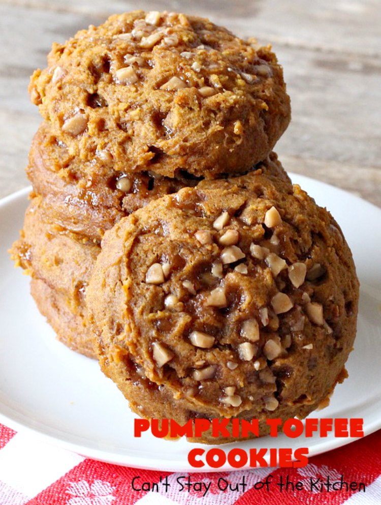 Pumpkin Toffee Cookies | Can't Stay Out of the Kitchen | these amazing #pumpkin #cookies have #HeathEnglishToffeeBits in the batter & on top. They are absolutely heavenly. Every bite will have you drooling. #dessert #PumpkinDessert #Toffee #ToffeeDessert #Fall #FallBaking #Christmas #ChristmasDessert #ChristmasCookieExchange #Thanksgiving #ThanksgivingDessert #NewYearsDay #NewYearsDayDessert #Tailgating