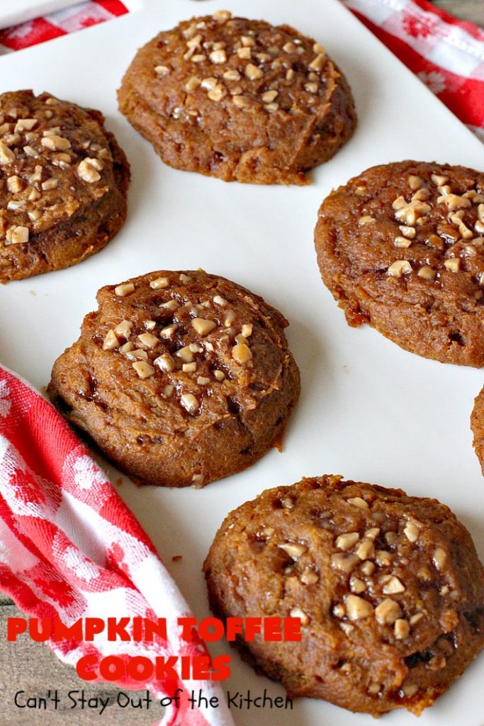 Pumpkin Toffee Cookies | Can't Stay Out of the Kitchen | these amazing #pumpkin #cookies have #HeathEnglishToffeeBits in the batter & on top. They are absolutely heavenly. Every bite will have you drooling. #dessert #PumpkinDessert #Toffee #ToffeeDessert #Fall #FallBaking #Christmas #ChristmasDessert #ChristmasCookieExchange #Thanksgiving #ThanksgivingDessert #NewYearsDay #NewYearsDayDessert #Tailgating
