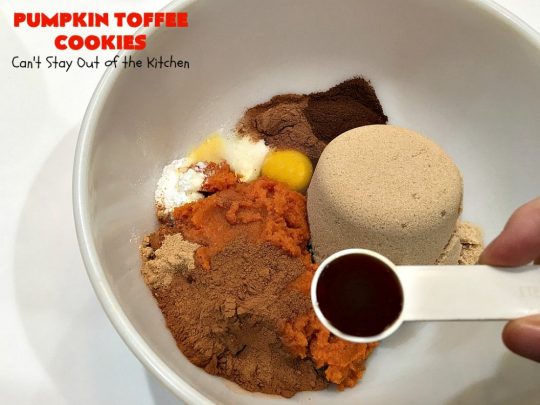 Pumpkin Toffee Cookies | Can't Stay Out of the Kitchen | these amazing #pumpkin #cookies have #HeathEnglishToffeeBits in the batter & on top. They are absolutely heavenly. Every bite will have you drooling. #dessert #PumpkinDessert #Toffee #ToffeeDessert #Fall #FallBaking #Christmas #ChristmasDessert #ChristmasCookieExchange #Thanksgiving #ThanksgivingDessert #NewYearsDay #NewYearsDayDessert #Tailgating