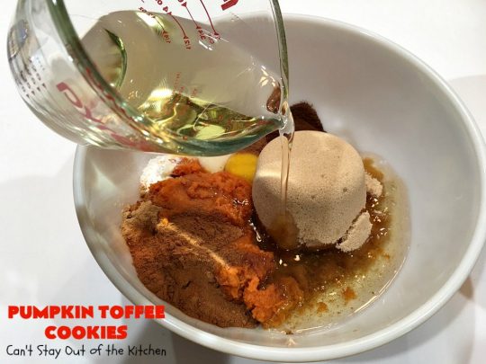Pumpkin Toffee Cookies | Can't Stay Out of the Kitchen | these amazing #pumpkin #cookies have #HeathEnglishToffeeBits in the batter & on top. They are absolutely heavenly. Every bite will have you drooling. #dessert #PumpkinDessert #Toffee #ToffeeDessert #Fall #FallBaking #Christmas #ChristmasDessert #ChristmasCookieExchange #Thanksgiving #ThanksgivingDessert #NewYearsDay #NewYearsDayDessert #Tailgating