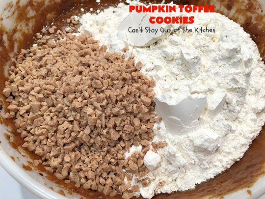 Pumpkin Toffee Cookies | Can't Stay Out of the Kitchen | these amazing #pumpkin #cookies have #HeathEnglishToffeeBits in the batter & on top. They are absolutely heavenly. Every bite will have you drooling. #dessert #PumpkinDessert #Toffee #ToffeeDessert #Fall #FallBaking #Christmas #ChristmasDessert #ChristmasCookieExchange #Thanksgiving #ThanksgivingDessert #NewYearsDay #NewYearsDayDessert #Tailgating