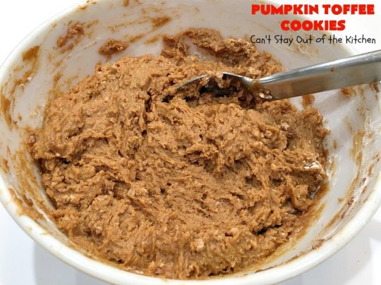Pumpkin Toffee Cookies | Can't Stay Out of the Kitchen | these amazing #pumpkin #cookies have #HeathEnglishToffeeBits in the batter & on top. They are absolutely heavenly. Every bite will have you drooling. #dessert #PumpkinDessert #Toffee #ToffeeDessert #Fall #FallBaking #Christmas #ChristmasDessert #ChristmasCookieExchange #Thanksgiving #ThanksgivingDessert #NewYearsDay #NewYearsDayDessert #Tailgating