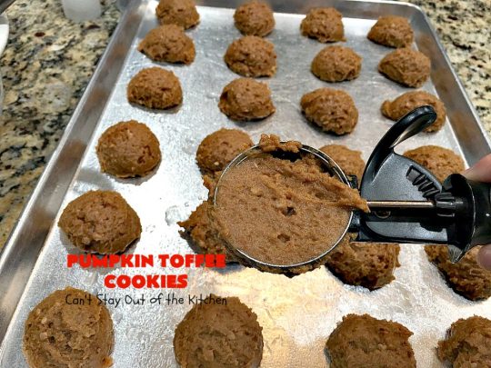 Pumpkin Toffee Cookies | Can't Stay Out of the Kitchen | these amazing #pumpkin #cookies have #HeathEnglishToffeeBits in the batter & on top. They are absolutely heavenly. Every bite will have you drooling. #dessert #PumpkinDessert #Toffee #ToffeeDessert #Fall #FallBaking #Christmas #ChristmasDessert #ChristmasCookieExchange #Thanksgiving #ThanksgivingDessert #NewYearsDay #NewYearsDayDessert #Tailgating