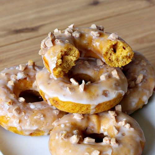 Pumpkin Toffee Donuts | Can't Stay Out of the Kitchen | BEST #donut #recipe ever! These are filled with #pumpkin & #HeathEnglishToffeeBits. They are absolutely incredible. Perfect for a #holiday & company #breakfast like #MothersDay or #FathersDay. #toffee #PumpkinToffeeDonuts #PumpkinDonuts #HolidayBreakfast