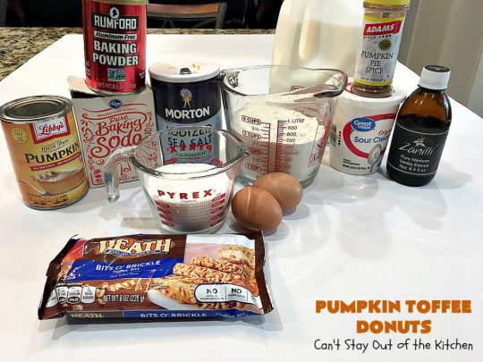 Pumpkin Toffee Donuts | Can't Stay Out of the Kitchen | BEST #donut #recipe ever! These are filled with #pumpkin & #HeathEnglishToffeeBits. They are absolutely incredible. Perfect for a #holiday & company #breakfast like #MothersDay or #FathersDay. #toffee #PumpkinToffeeDonuts #PumpkinDonuts #HolidayBreakfast