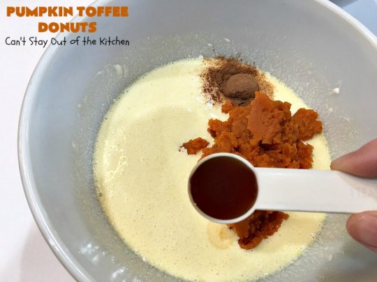 Pumpkin Toffee Donuts | Can't Stay Out of the Kitchen | BEST #donut #recipe ever! These are filled with #pumpkin & #HeathEnglishToffeeBits. They are absolutely incredible. Perfect for a #holiday & company #breakfast like #MothersDay or #FathersDay. #toffee #PumpkinToffeeDonuts #PumpkinDonuts #HolidayBreakfast