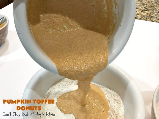 Pumpkin Toffee Donuts | Can't Stay Out of the Kitchen | BEST #donut #recipe ever! These are filled with #pumpkin & #HeathEnglishToffeeBits. They are absolutely incredible. Perfect for a #holiday & company #breakfast like #MothersDay or #FathersDay. #toffee #PumpkinToffeeDonuts #PumpkinDonuts #HolidayBreakfast