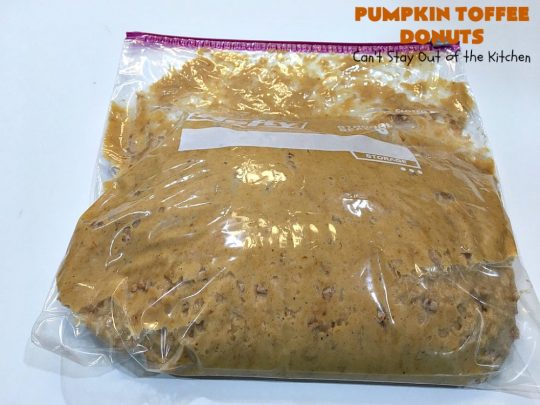 Pumpkin Toffee Donuts | Can't Stay Out of the Kitchen | BEST #donut #recipe ever! These are filled with #pumpkin & #HeathEnglishToffeeBits. They are absolutely incredible. Perfect for a #holiday & company #breakfast like #MothersDay or #FathersDay. #toffee #PumpkinToffeeDonuts #PumpkinDonuts #HolidayBreakfast