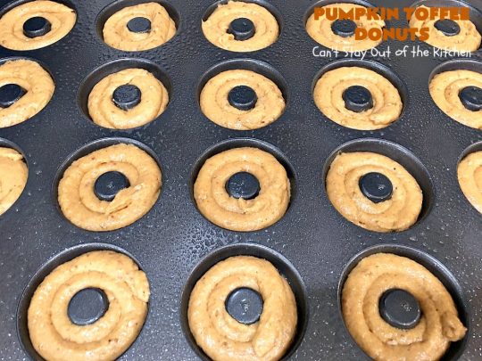 Pumpkin Toffee Donuts | Can't Stay Out of the Kitchen | BEST #donut #recipe ever! These are filled with #pumpkin & #HeathEnglishToffeeBits. They are absolutely incredible. Perfect for a #holiday & company #breakfast like #MothersDay or #FathersDay. #toffee #PumpkinToffeeDonuts #PumpkinDonuts #HolidayBreakfast