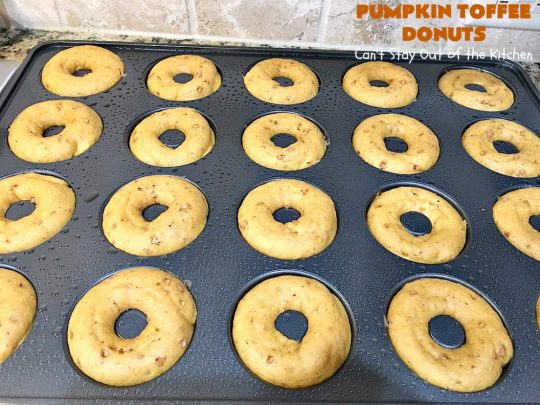 Pumpkin Toffee Donuts | Can't Stay Out of the Kitchen | BEST #donut #recipe ever! These are filled with #pumpkin & #HeathEnglishToffeeBits. They are absolutely incredible. Perfect for a #holiday & company #breakfast like #MothersDay or #FathersDay. #toffee #PumpkinToffeeDonuts #PumpkinDonuts #HolidayBreakfast