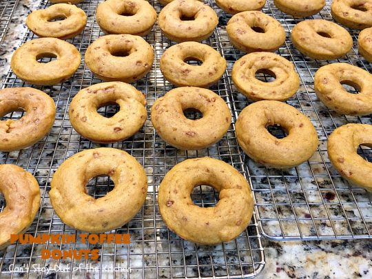 Pumpkin Toffee Donuts | Can't Stay Out of the Kitchen | BEST #donut #recipe ever! These are filled with #pumpkin & #HeathEnglishToffeeBits. They are absolutely incredible. Perfect for a #holiday & company #breakfast like #MothersDay or #FathersDay. #toffee #PumpkinToffeeDonuts #PumpkinDonuts #HolidayBreakfast