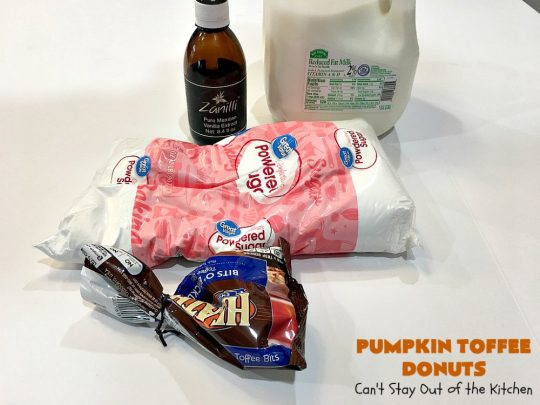 Pumpkin Toffee Donuts | Can't Stay Out of the Kitchen | BEST #donut #recipe ever! These are filled with #pumpkin & #HeathEnglishToffeeBits. They are absolutely incredible. Perfect for a #holiday & company #breakfast like #MothersDay or #FathersDay. #toffee #PumpkinToffeeDonuts #PumpkinDonuts #HolidayBreakfast