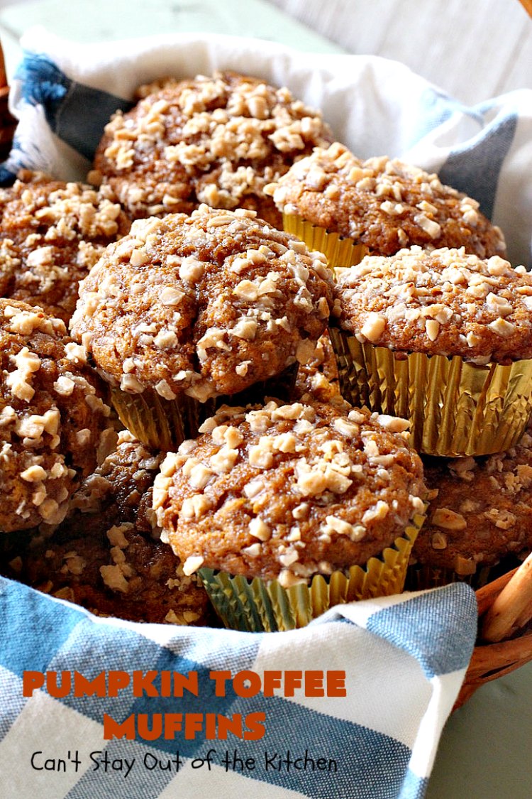 Pumpkin Toffee Muffins | Can't Stay Out of the Kitchen | these spectacular #pumpkin #muffins are rich, decadent & heavenly! They include #cinnamon, cloves & mutmeg for spice & #HeathEnglishToffeeBits for amped up flavor and texture. Absolutely amazing! #breakfast #HolidayBreakfast #ChristmasBreakfast #ThanksgivingBreakfast #fall #FallBaking #NewYearsBreakfast #toffee #PumpkinMuffins
